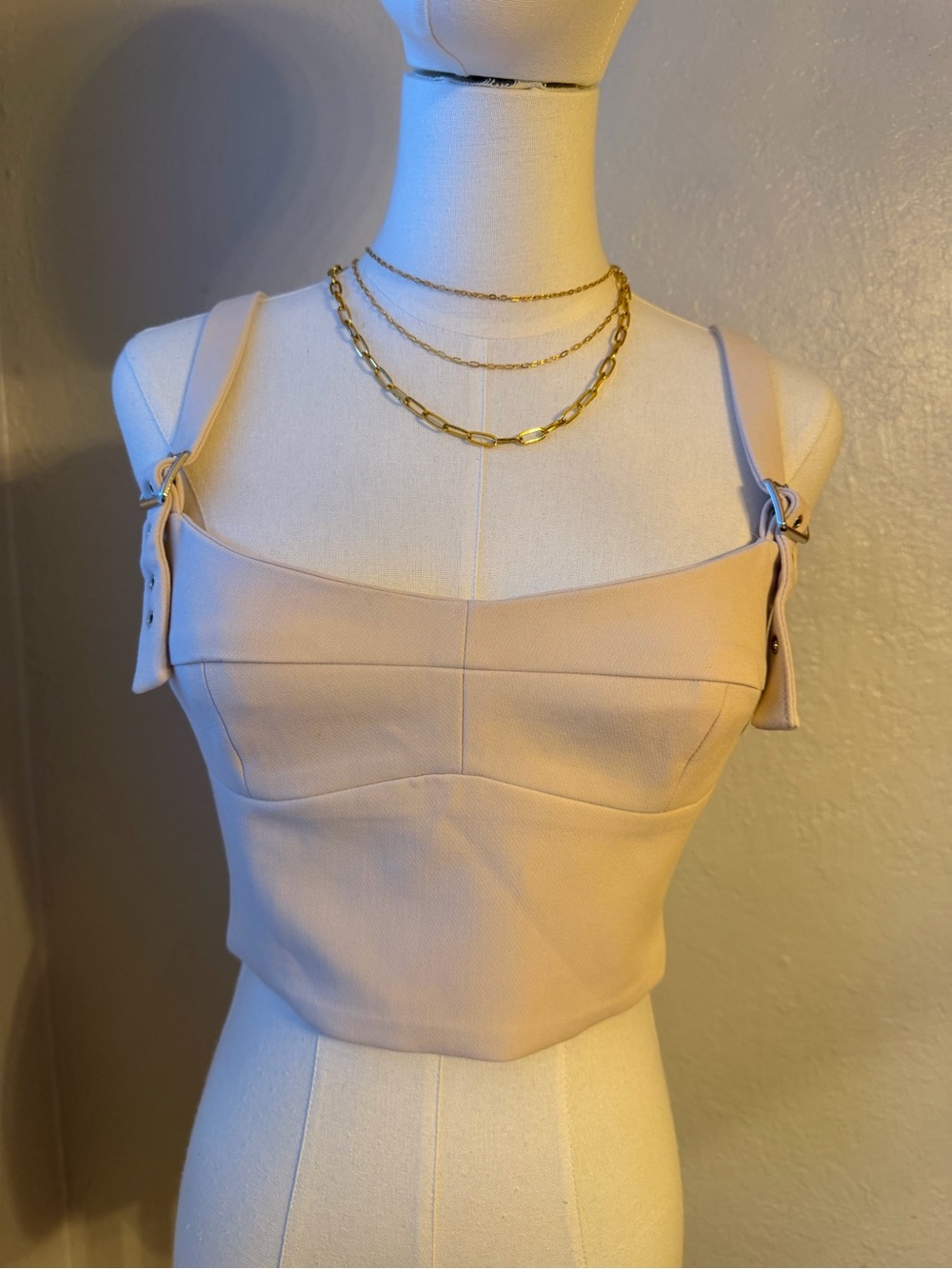 Amanda Uprichard Buckle-Strap Crop Top in Soft Tan